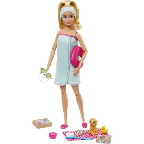 Papusa Barbie O zi la SPA, 8 accesorii si catel, GJG55, 29cm