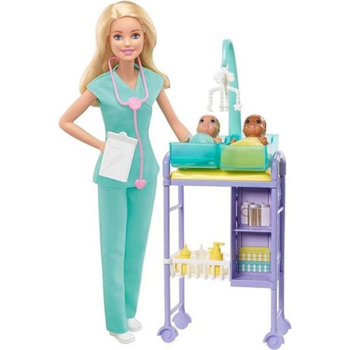 Set joaca Mattel Papusa Barbie Medic Pediatru cu 2 bebelusi, GKH23