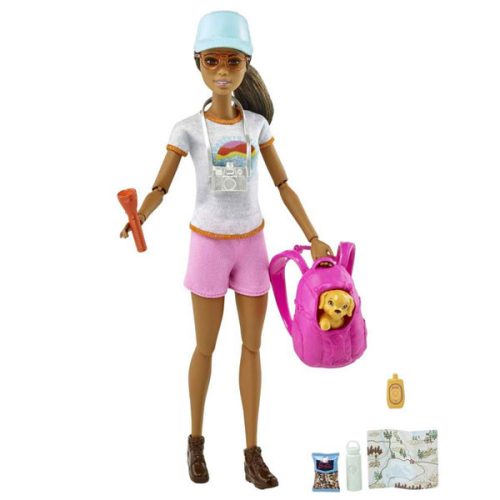Papusa Barbie bruneta, face drumetii cu 9 accesorii, GRN66, 29cm