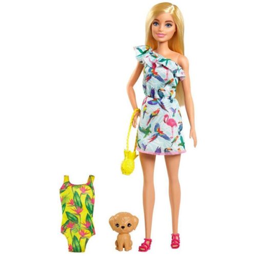 Papusa Barbie Chelsea The Lost Birthday, Barbie in rochie tropicala , GRT87, 29cm