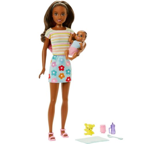 Papusa Barbie Skipper  Babysitter, negresa cu bebelus, HJY31, 27cm